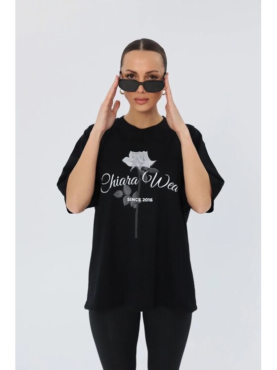 T-Shirt, rozmiar M, Czarne, T-shirt bawełniany oversize ROSE