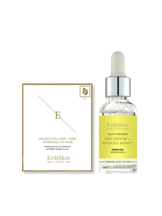 Serum Erthskin London, Jad pszczeli + olejek z miodu manuka + podwójne kolagenowe płatki pod oczy
