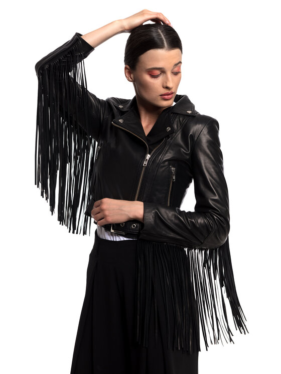 Mimika Mimika Kurtka skórzana Empire Ramoneska basic z odpinanymi frędzlami Czarny Regular Fit