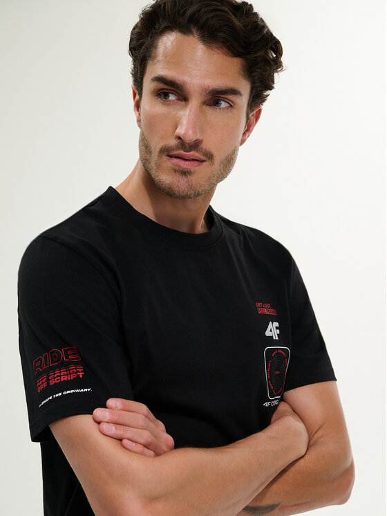 4F 4F T-Shirt WHEEL & WAVE Czarny Regular Fit