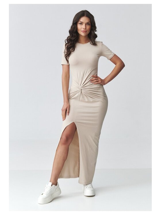 Makadamia Makadamia Sukienka codzienna M931 Beżowy Fitted Fit