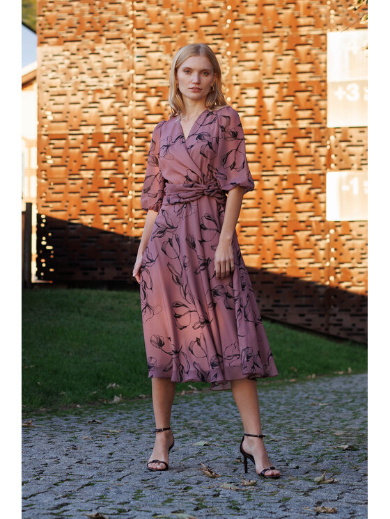 EMOI EMOI Sukienka koktajlowa Elegancka w roślinny wzór Różowy Feminine Fit