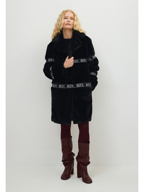 BIZUU BIZUU Futro FLORENCE FAUX FUR LAPEL COAT Czarny Standard Fit