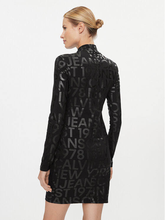 Calvin Klein Jeans Kleid für Alltag Logo Sleeve Fit Schwarz Dress J20J222989 Slim Aop Long den