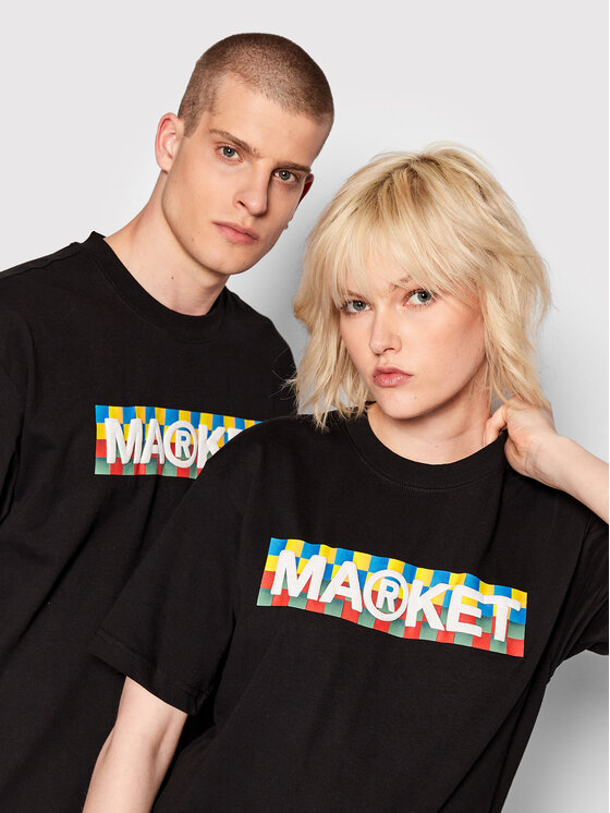 Market Market Тишърт Unisex Checkered Bar Logo 399001063 Черен Relaxed Fit