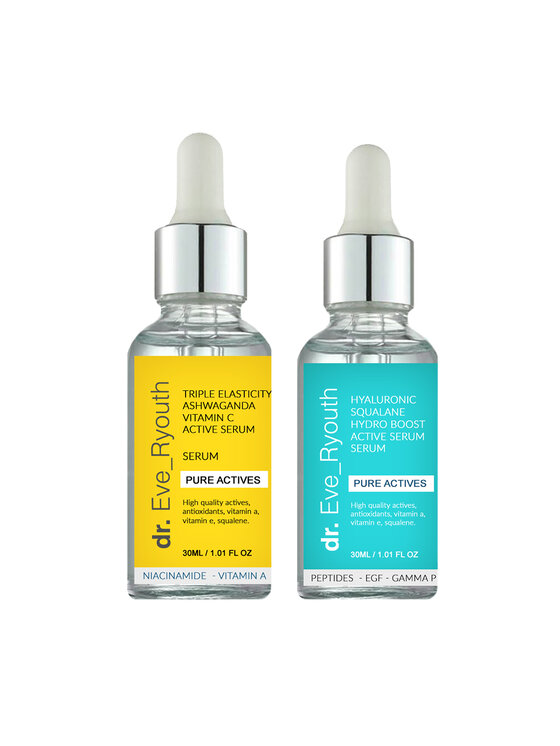 Krem na dzień dr. Eve Ryouth, Kwas Hialuronowy Hydro Booste serum 30ml + Potrójna Elastyczność Ashwaganda Witamina Ce Serum 30ml