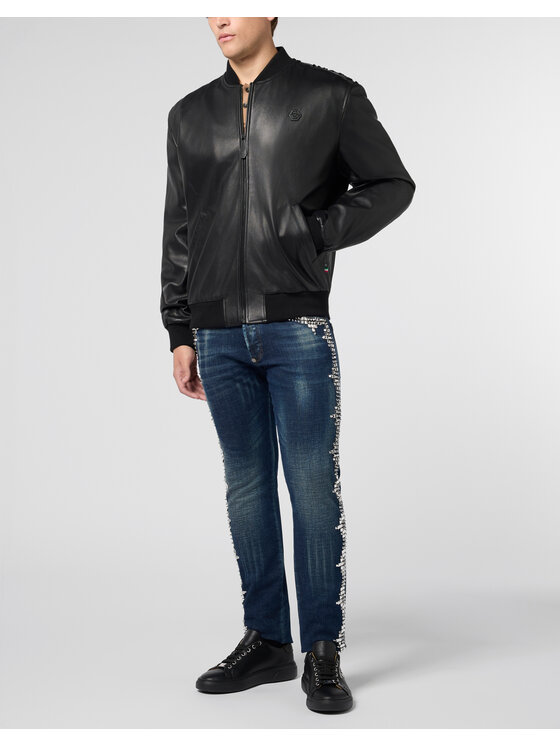 PHILIPP PLEIN PHILIPP PLEIN Kurtka skórzana 29743 Czarny Regular Fit