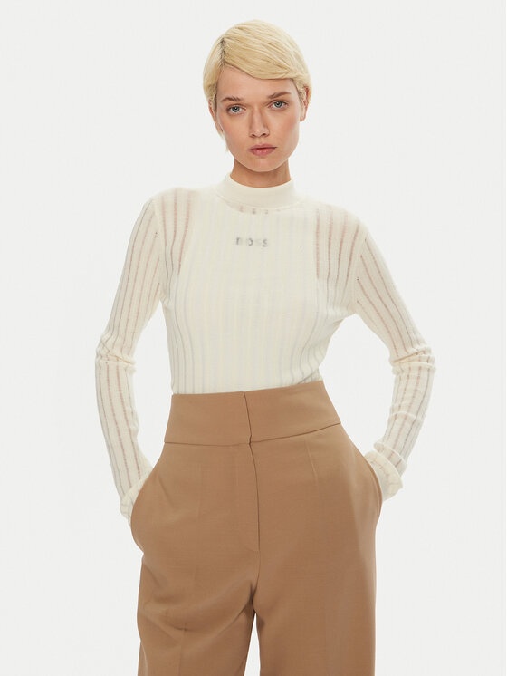 BOSS Boss Bluză cu gât Fatirami 50523736 Écru Slim Fit