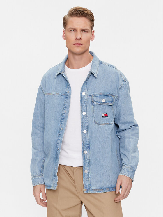 Tommy Jeans cămașă de blugi Essential DM0DM18328 Albastru celest Relaxed Fit