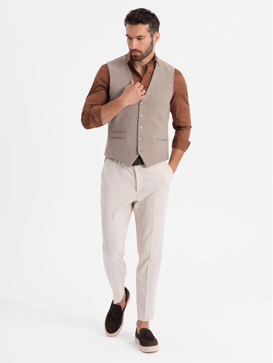 Ombre Ombre Kamizelka garniturowa OM-BLZV-0142 Beżowy Slim Fit