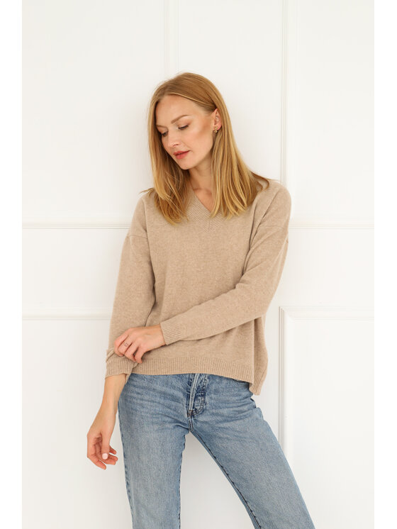 Entelier Entelier Sweter dekolt w serek Beżowy Oversize