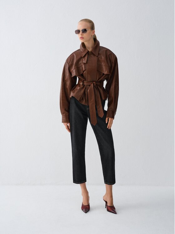 La Mania La Mania Kurtka skórzana HAMBURG Brązowy Basic Fit