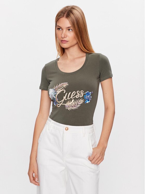 Guess Tricou Embellish Logo W3GI40 J1314 Verde Slim Fit