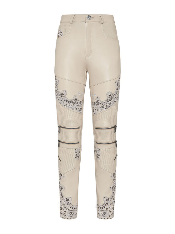 PHILIPP PLEIN PHILIPP PLEIN Spodnie skórzane 8925 Beżowy Long Fit
