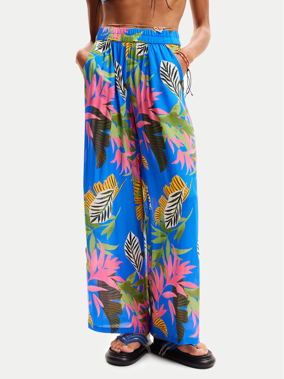 Desigual Pantaloni Casual Donna: Vita Normale, Motivo Tropicale Con Foglie Dipinte, Chiusura Con Nastro