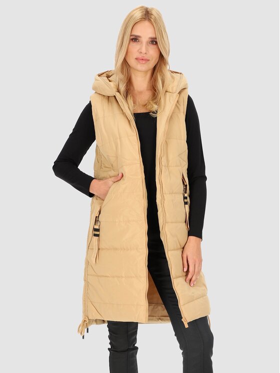 Perso Perso Bezrękawnik długa ocieplana z kapturem Beżowy Regular Fit