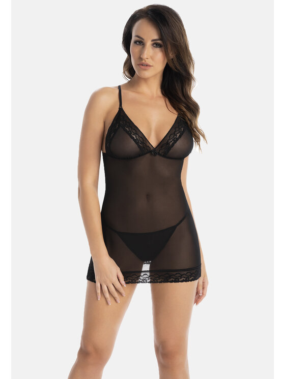 Teyli Teyli Koszula nocna z koronką Inni Czarny Slim Fit