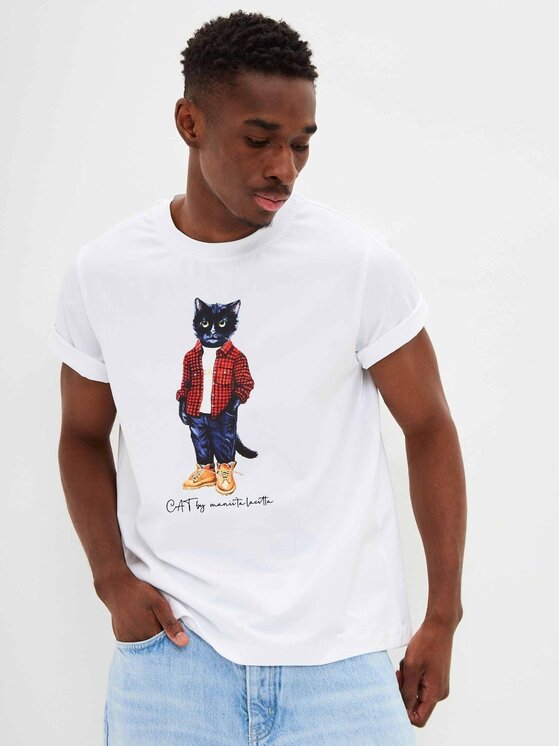CAT by maniita lacitta CAT by maniita lacitta T-Shirt Printed men's t-shirt with CAT Biały Regular Fit