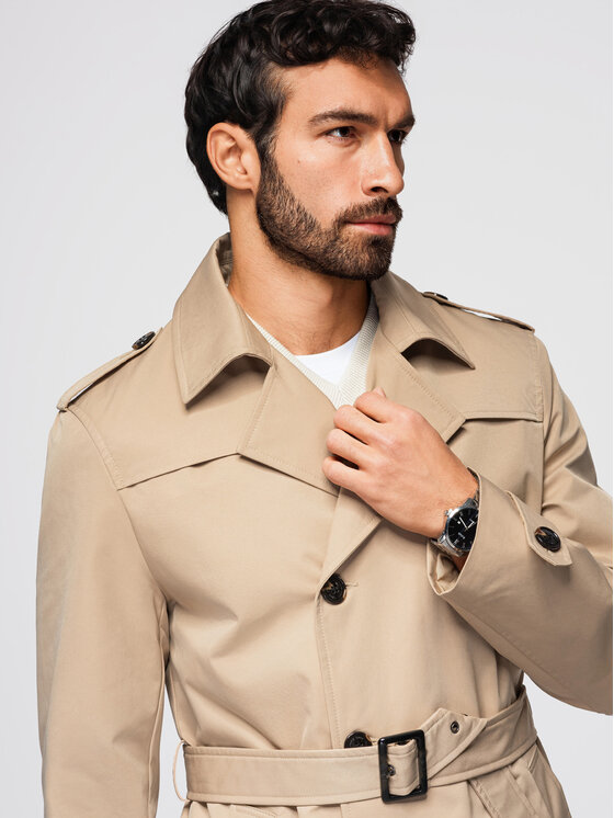 Ombre Ombre Trencz OM-COLC-0146 Beżowy Slim Fit