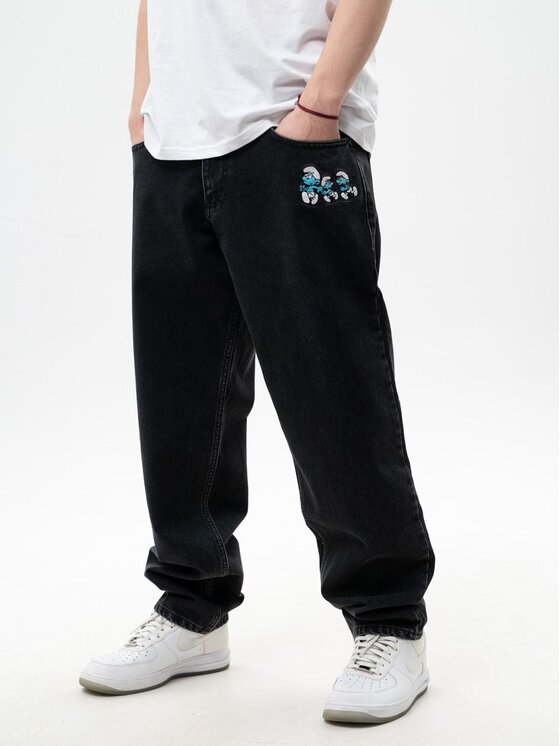 Smerfy Smerfy Jeansy Spodnie Jeansowe Baggy Męskie Czarne Smerfy Gargamel Pocket XXL Czarny Baggy Fit