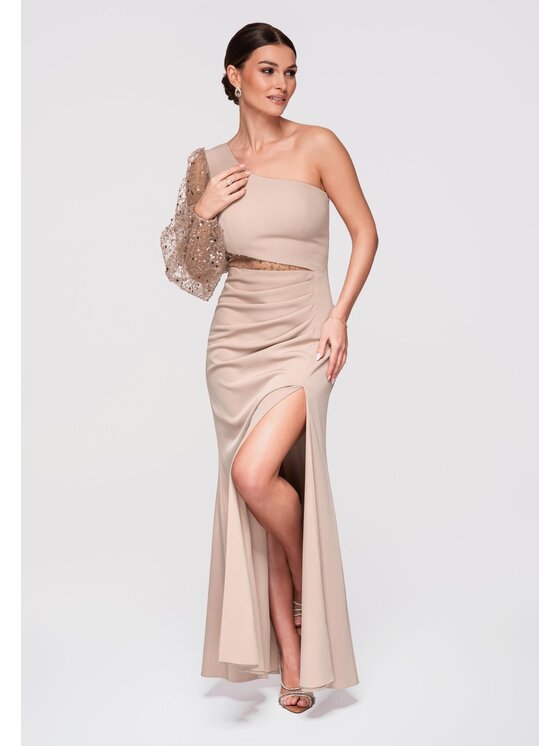 Ombre Ombre Sukienka wieczorowa LA-OM-DLR261 Beżowy Slim Fit