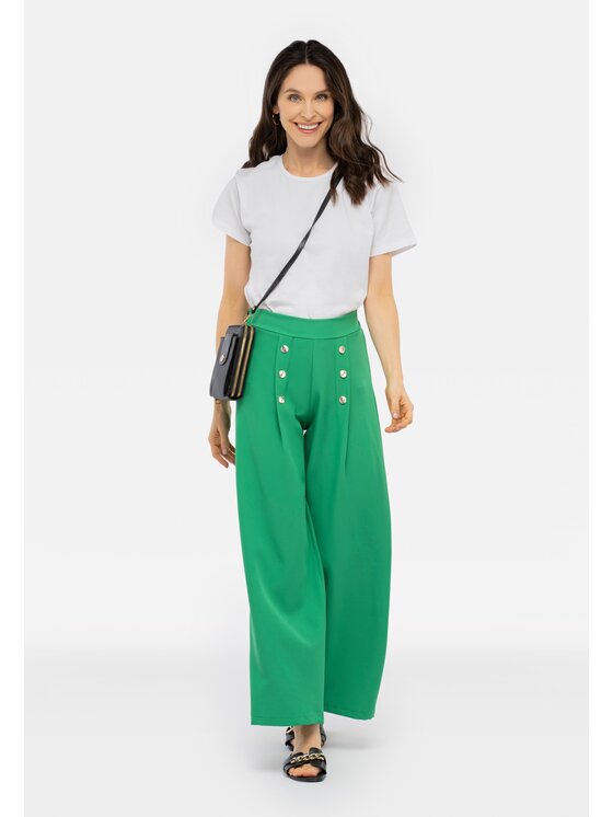 Perso Perso Kalhoty z materiálu szerokie z ozdobnymi guzikami Zelená Wide Leg