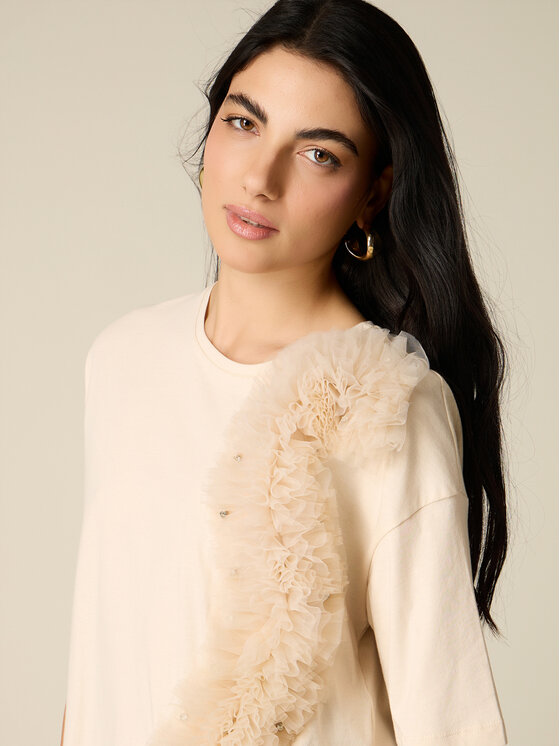 Oltre Oltre T-Shirt G014J004371N002 Kremowy Regular Fit