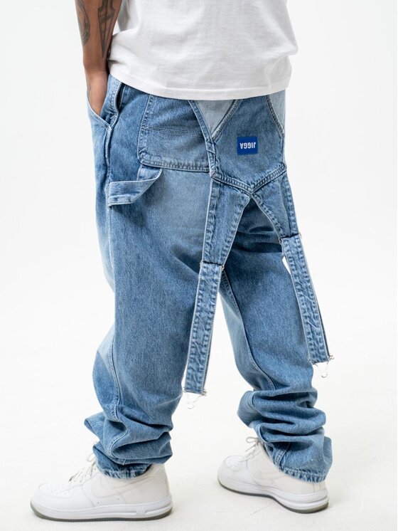 Jigga Wear Jigga Wear Ogrodniczki Spodnie Jeansowe Ogrodniczki Męskie Jasne Niebieskie Jigga Wear Logo Dungarees Baggy XL Niebieski Baggy Fit