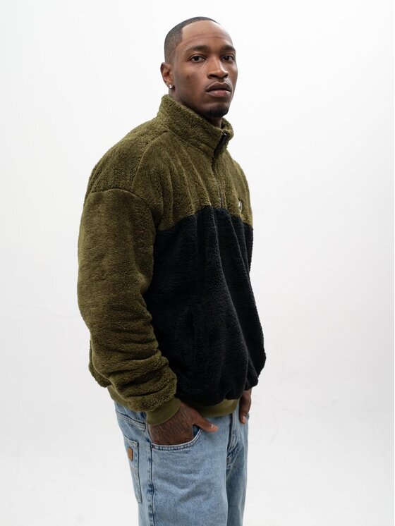 Jigga Wear Jigga Wear Bluza Sherpa Rozpinana Do Połowy Polarowa Miś Męska Oversize Czarna Oliwkowa Jigga Track M Khaki Regular Fit