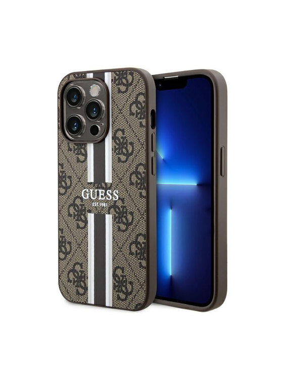 Guess Guess Etui na telefon 4G Printed Stripes MagSafe Brązowy