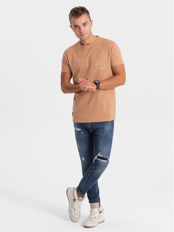 Ombre Ombre T-Shirt OM-TSPT-0154 Beżowy Regular Fit