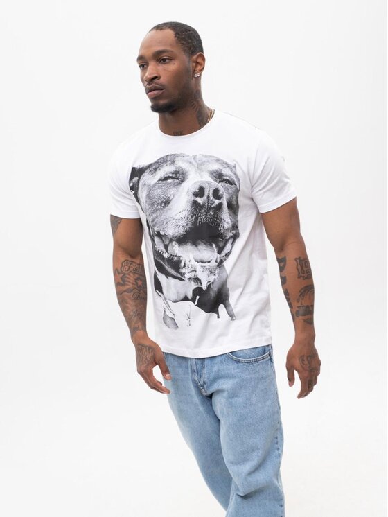 MyStars MyStars T-Shirt Koszulka Z Krótkim Rękawem Męska Białą MyStars Rage Dog Pitbull Pies 2XL Biały Regular Fit