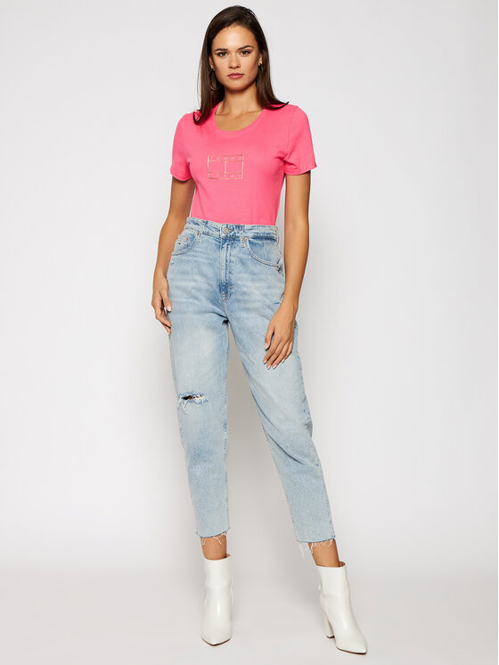 Tommy Jeans Marškinėliai Metallic Outline Flag Tee DW0DW08473 Rožinė  Regular Fit • Modivo.lt