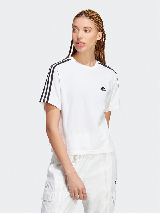 adidas adidas Marškinėliai Essentials 3-Stripes Single Jersey Crop Top HR4915 Balta Loose Fit