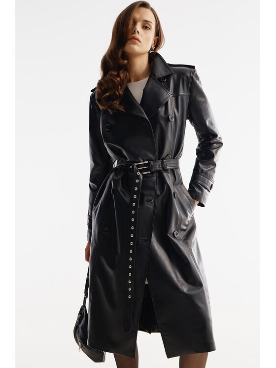 Mimika Mimika Płaszcz skórzany VARSOVIA KLASYCZNY TRENCH ABSOLUTE BLACK Czarny Regular Fit