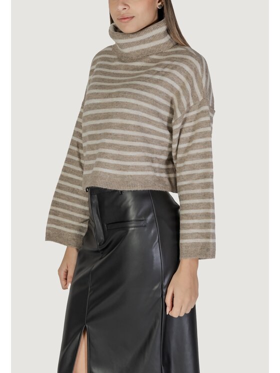 ONLY ONLY Sweter ONLTALIO LS STRIPE SHORT ROLLNECK BF KNT Beżowy Short Fit