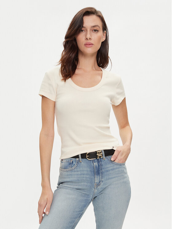 Tommy Hilfiger T-shirt WW0WW41776 Beige Slim Fit, taglia : S