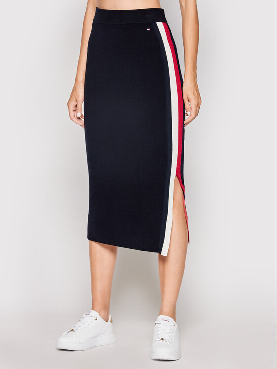 Tommy Hilfiger Tommy Hilfiger Zīmuļveida svārki Global Stripe WW0WW31117 Tumši zils Fitted Fit