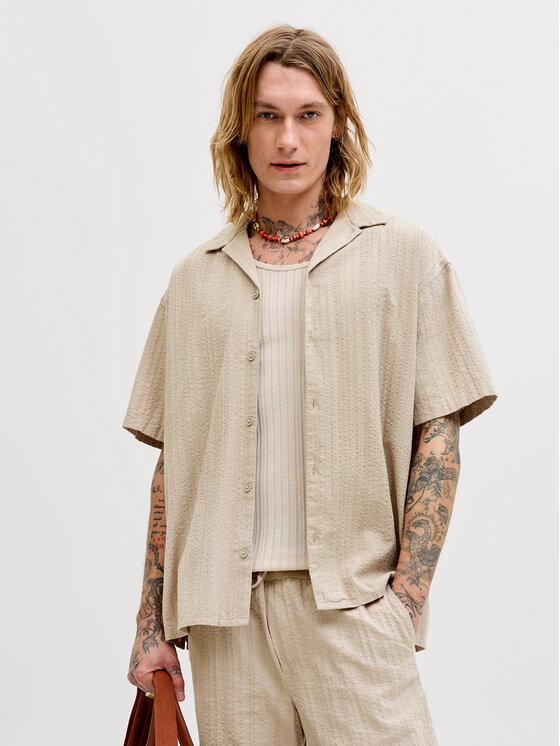 Jack & Jones Jack & Jones Set cămașă și șorturi din material textil Tyson 12297649 Bej Relaxed Fit