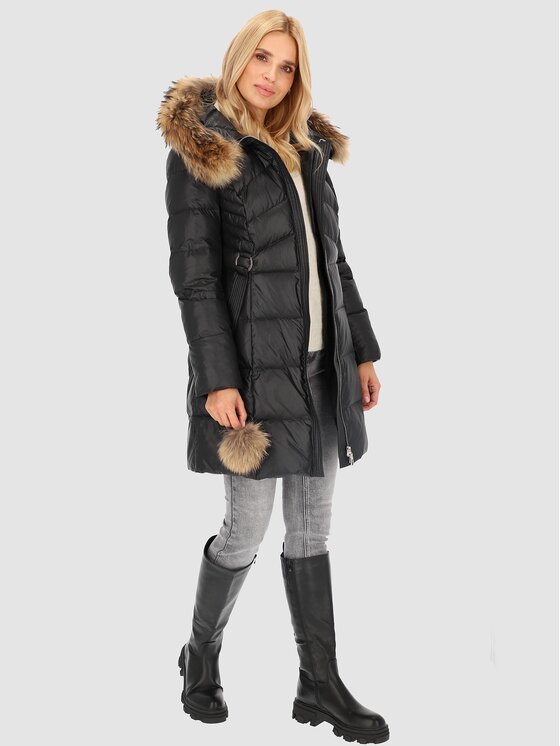 Perso Perso Kurtka zimowa z futrem przy kapturze Czarny Slim Fit