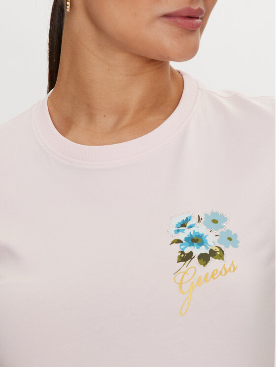 Guess Guess Тишърт Flowers W4YI30 J1314 Розов Slim Fit