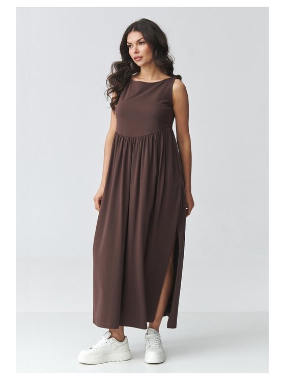 Makadamia Makadamia Sukienka codzienna M932 Brązowy Loose Fit