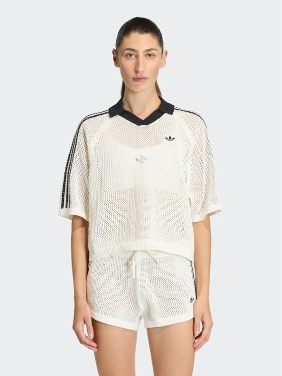 adidas adidas Polo KNITTED CROCHET Kremowy Loose Fit
