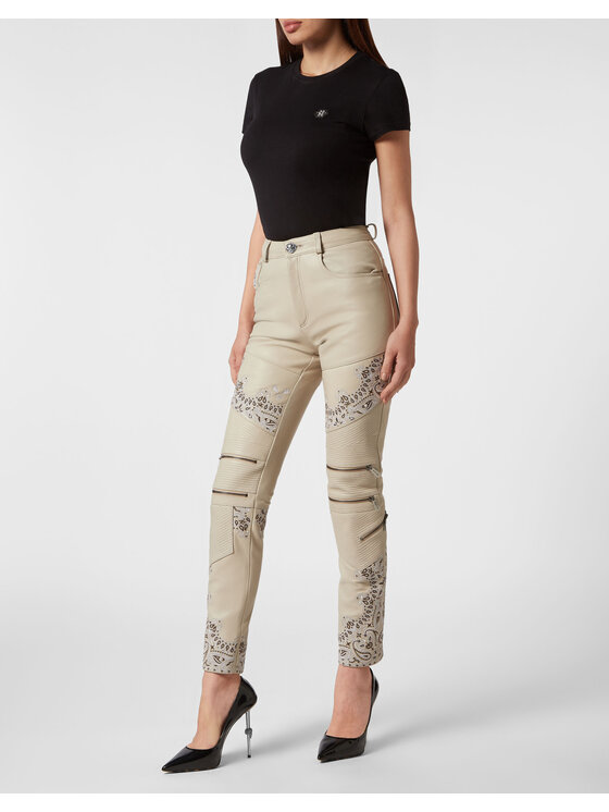 PHILIPP PLEIN PHILIPP PLEIN Spodnie skórzane 8925 Beżowy Long Fit