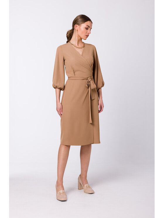 Stylove Stylove Sukienka koktajlowa S340 Beżowy Regular Fit