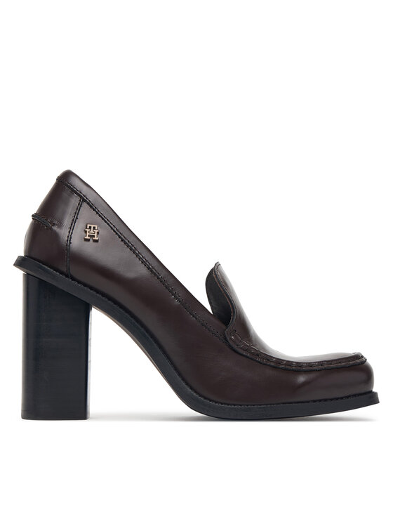 Tommy Hilfiger Tommy Hilfiger Półbuty Square Toe Heeled Loafer FW0FW09493 Brązowy ciemny