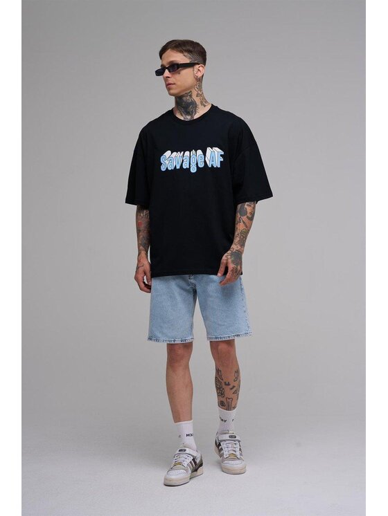 MyStars MyStars T-Shirt Koszulka Z Krótkim Rękawem Oversize Męska Czarna Premium Savage AF Luźna szeroka L Czarny Oversize