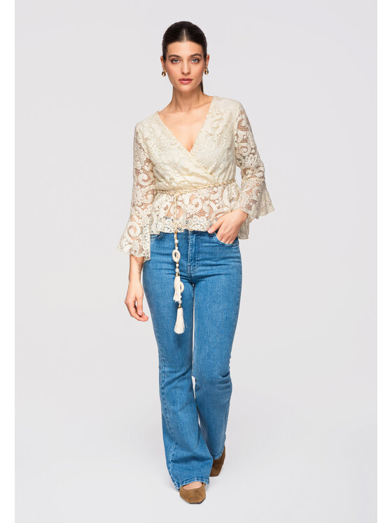Ombre Ombre Bluzka OW-TS-E0021 Beżowy Slim Fit
