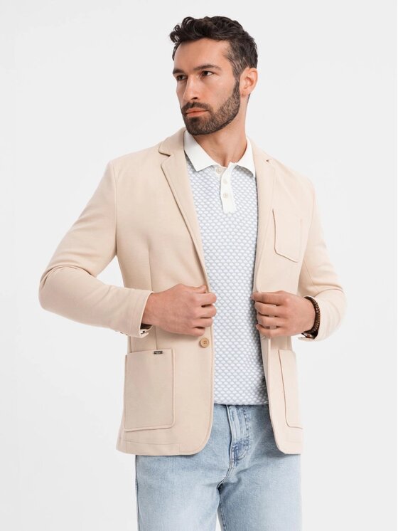 Ombre Ombre Marynarka OM-BLZB-0101 Beżowy Slim Fit