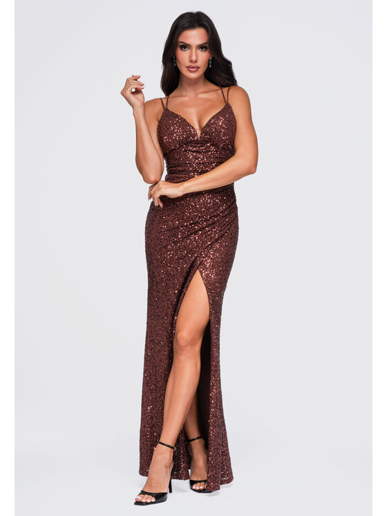 Ombre Ombre Sukienka wieczorowa LA-OM-DLR467 Brązowy Slim Fit